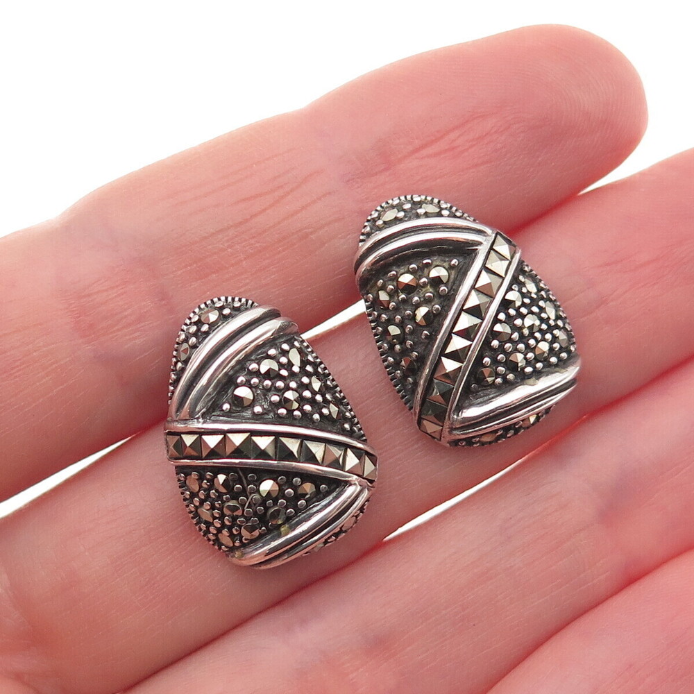 925 Sterling Silver Vintage Real Marcasite Zig Zag Oxidized Earrings